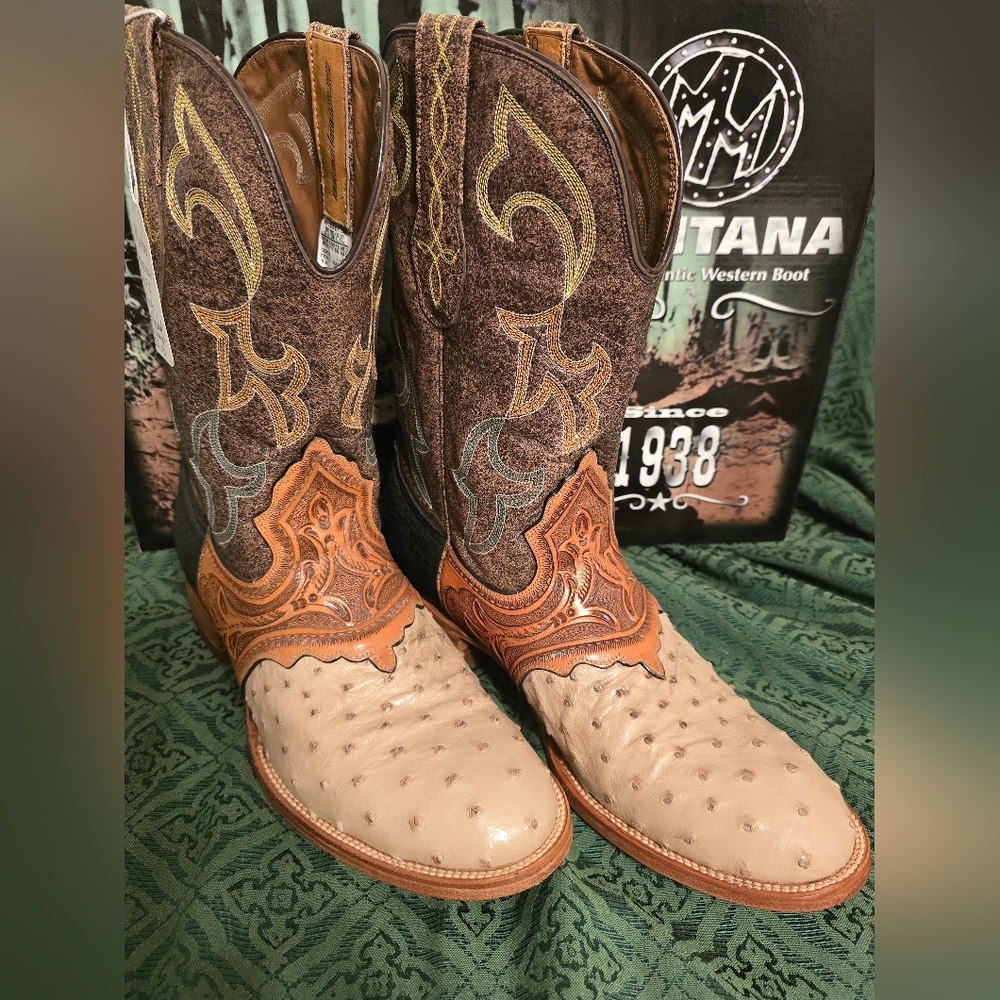 Vtg Montana OSTRICH boots MENS sz 10D FULL QUILL VAMP & HAND TOOLED 'SADDLE'